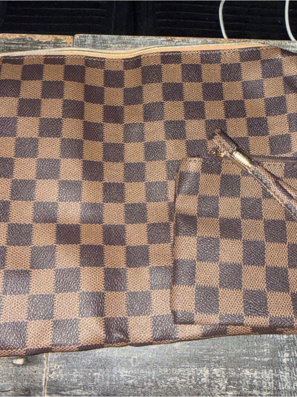 Inspired Brown Checkered Tote with Pouch